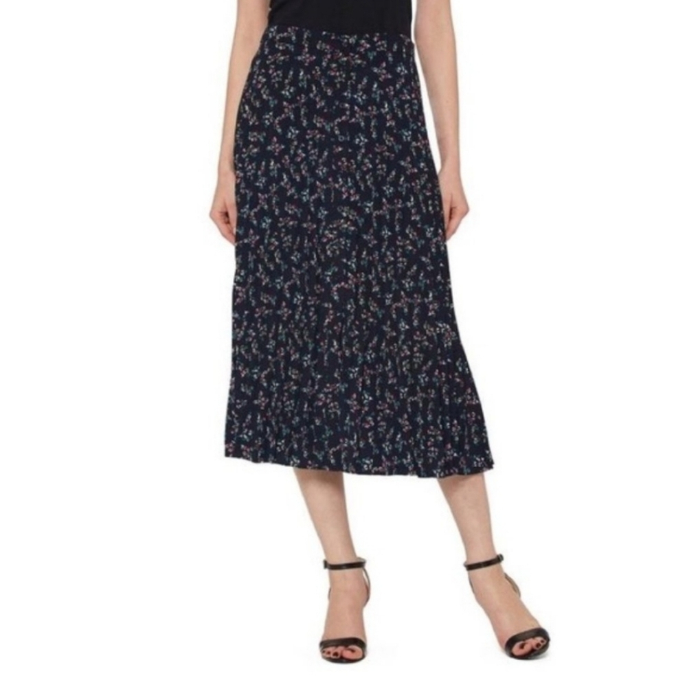 Pleione Midi Skirt Womens LP Navy‎ Blue Ditsy Floral Boho Button Front Pleated